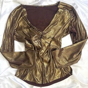 Metallic Gold Long Sleeve Twist Front V-Neck Shimmer Blouse Bronze Party Top
